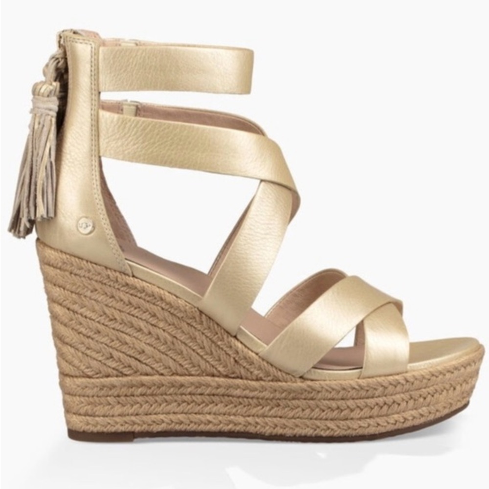 Ugg Raquel Metallic Platform Wedge Heel Gold Tassel Like New Size 6